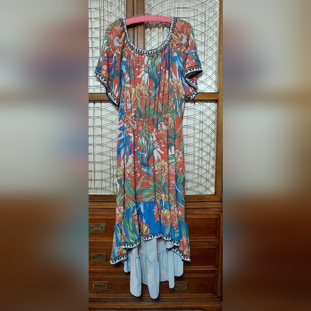 Flying Tomato Red Tropical Floral High-Low Maxi Dress
